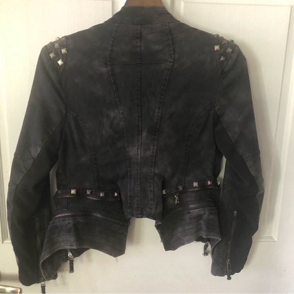 Double zero studded zipper denim Moto jacket distressed look black and grey - Picture 3 of 4